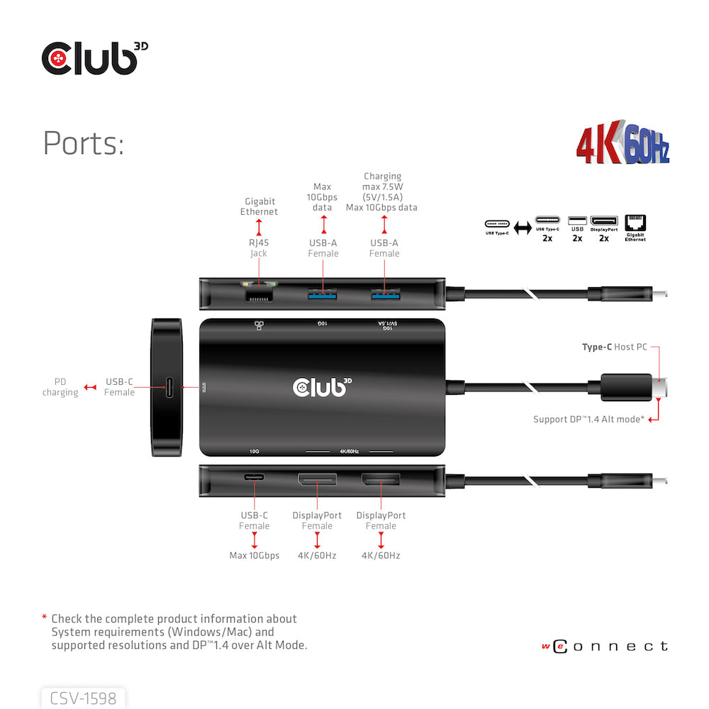 CLUB3D CSV-1598 Station d'accueil USB 3.2 Gen 2 Type-C, 4K UHD 60Hz, Noir