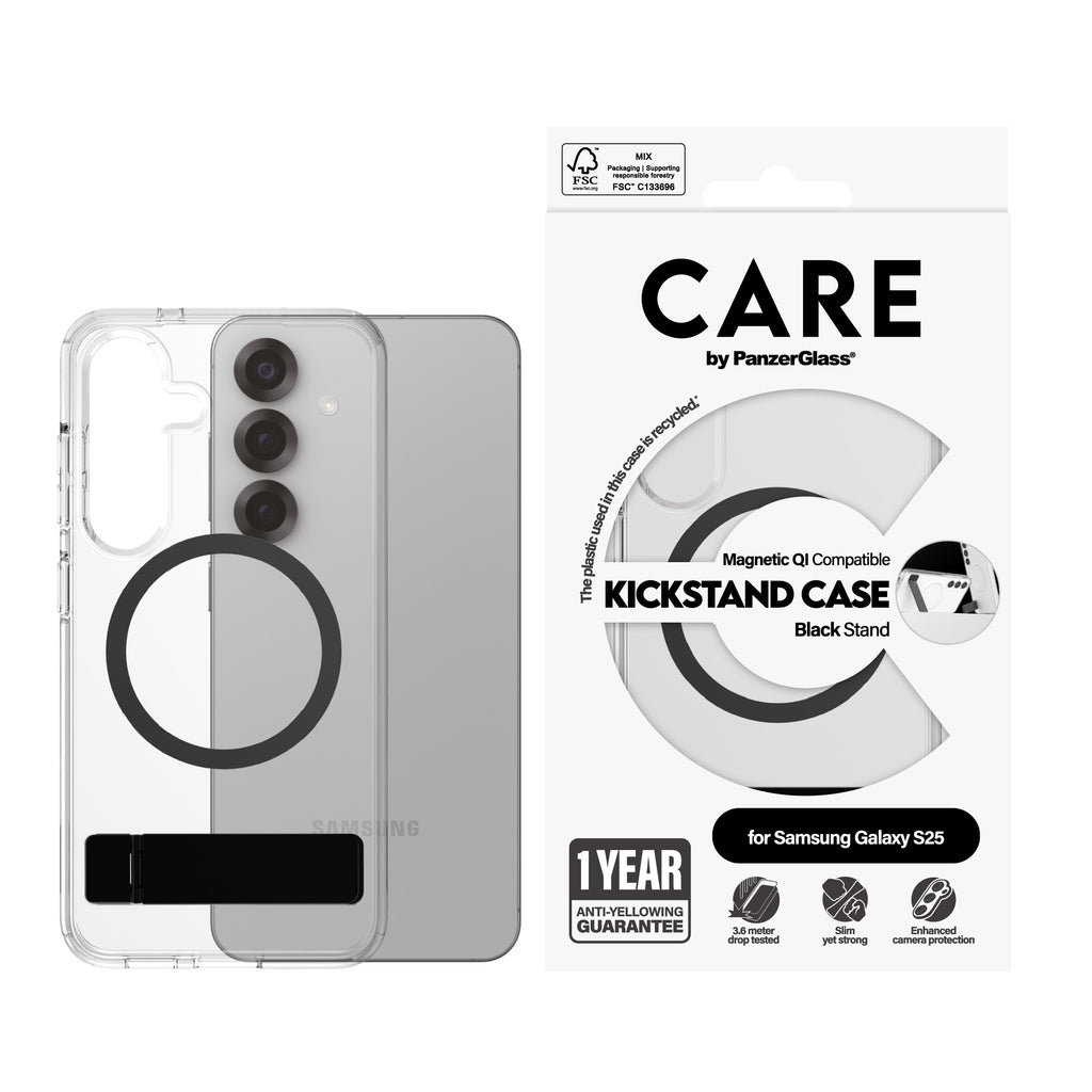 PanzerGlass PanzerGlass CARE™ by ® Case Transparent w. Black Kickstand & Qi Compatible Samsung Galaxy S25 coque de protection pour téléphones portables Housse