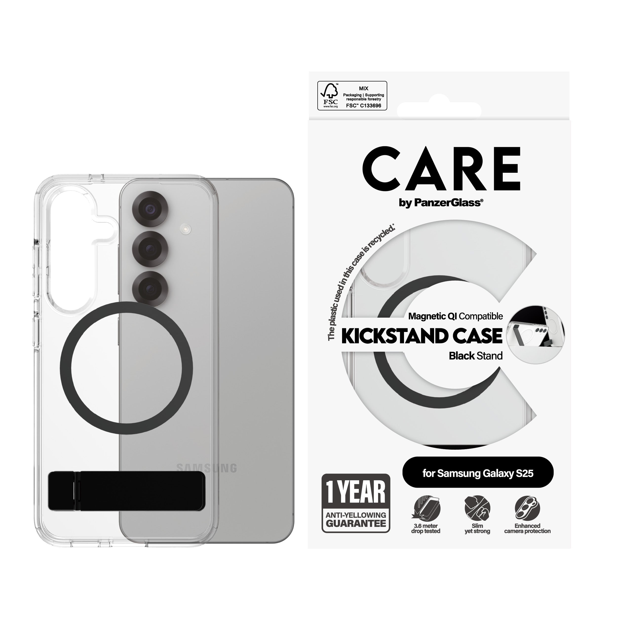 PanzerGlass PanzerGlass CARE™ by ® Case Transparent w. Black Kickstand & Qi Compatible Samsung Galaxy S25 coque de protection pour téléphones portables Housse
