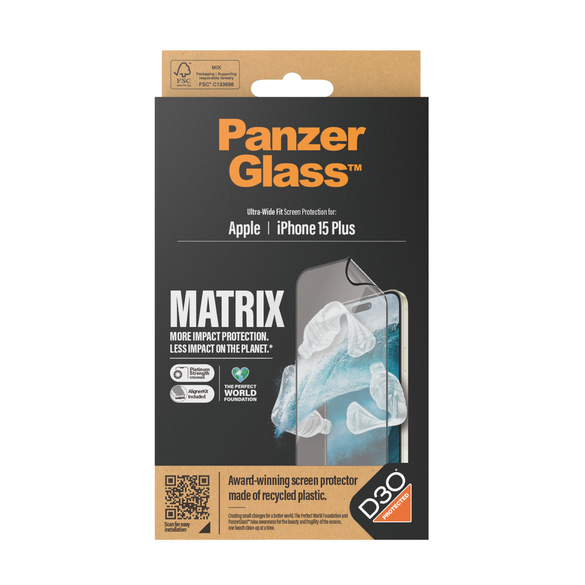 PanzerGlass ECO MATRIX Protection d'écran avec D3O pour iPhone 15 Plus, Ultra-Wide Fit avec AlignerKit, Transparent