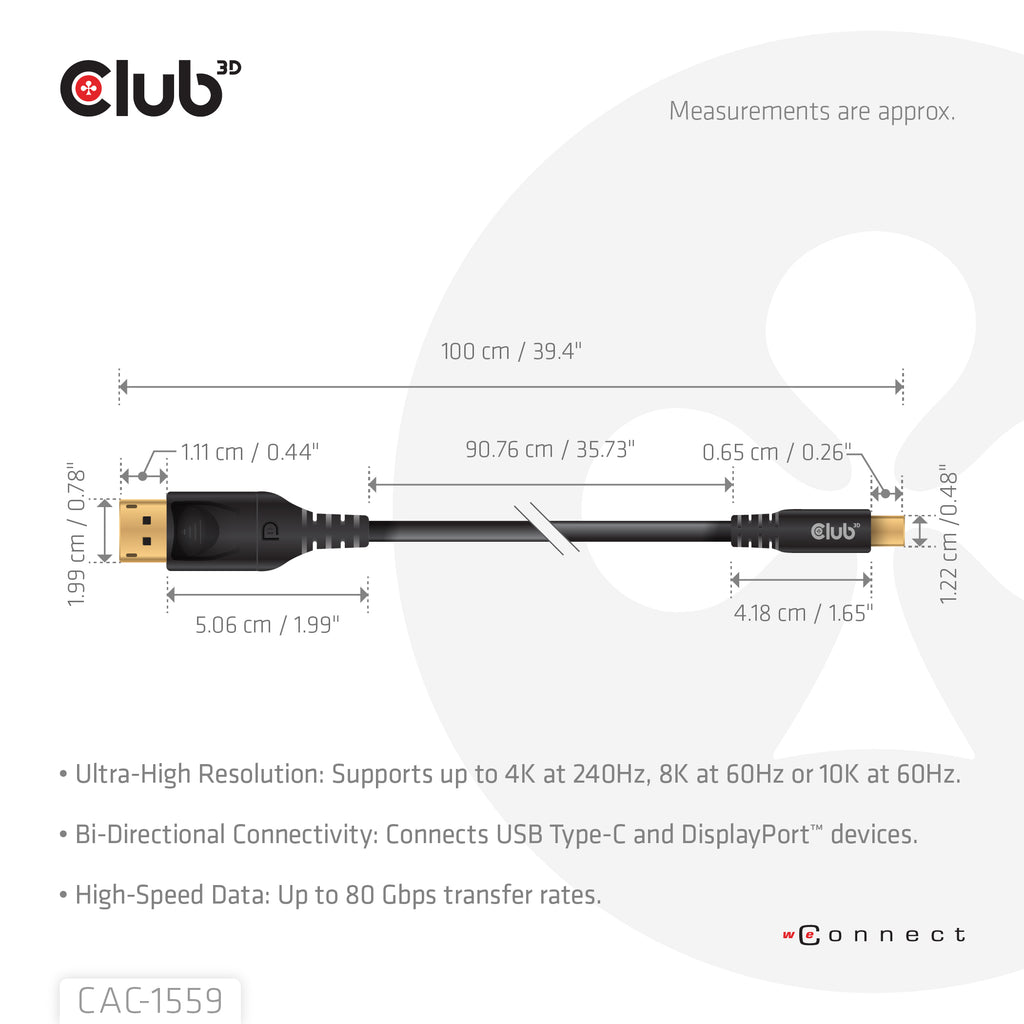 CLUB3D CAC-1559 Câble Adaptateur USB Type-C vers DisplayPort, Noir, 1 m