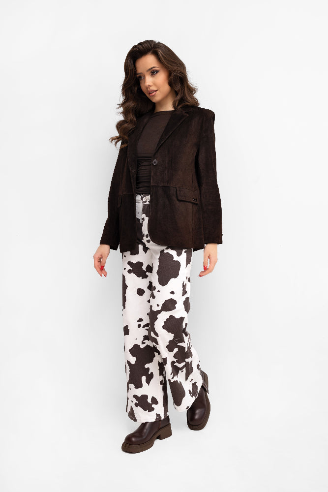 Pantalon à jambes larges, imprimé animalier écru avec des empiècements