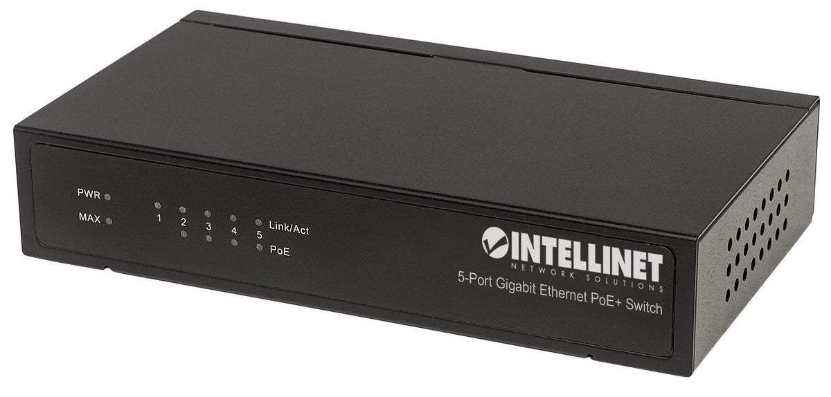 Intellinet Commutateur réseau (switch) Gigabit Ethernet PoE+ 5 ports, 4 ports PSE, compatible IEEE 802.3at/af, budget PoE 60W, format bureau, garantie de 3 ans