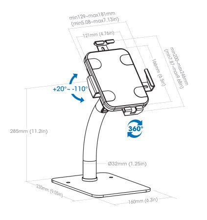 Manhattan Support antivol de bureau pour tablette/iPad, universel, rotation 360°, inclinaison +20° à -110°, verrouillable, blanc, tablettes 7,9"–11"