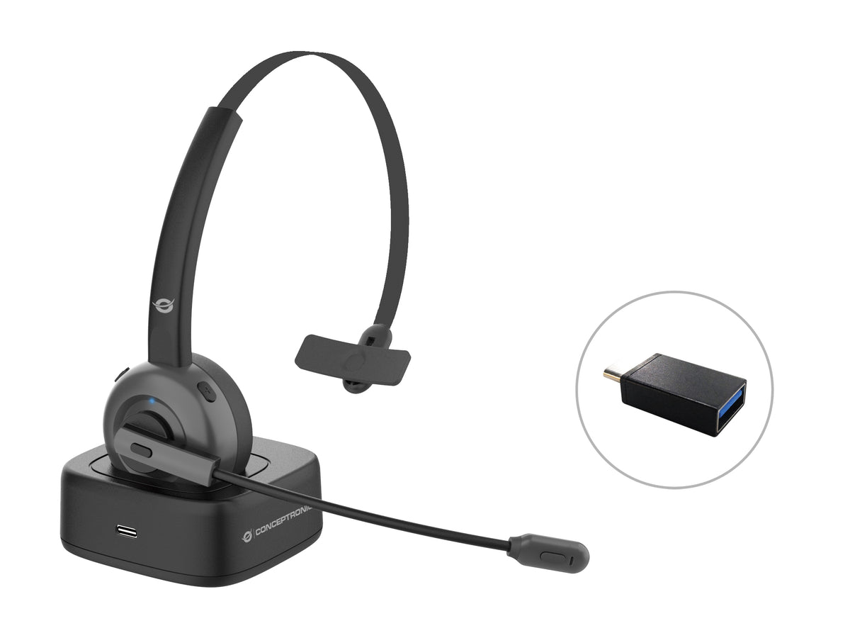 Conceptronic POLONA03BD casque Sans fil Arceau Bureau/Centre d'appels Bluetooth Socle de chargement Noir