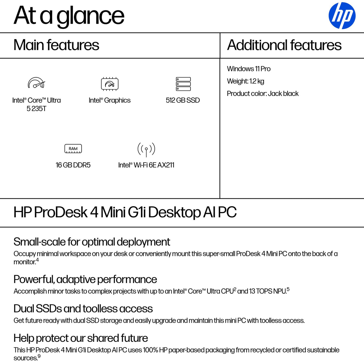 HP ProDesk 4 G1i AI Mini Core Ultra 5 235T 16GB 512GB Intel Graphics Windows 11 Pro