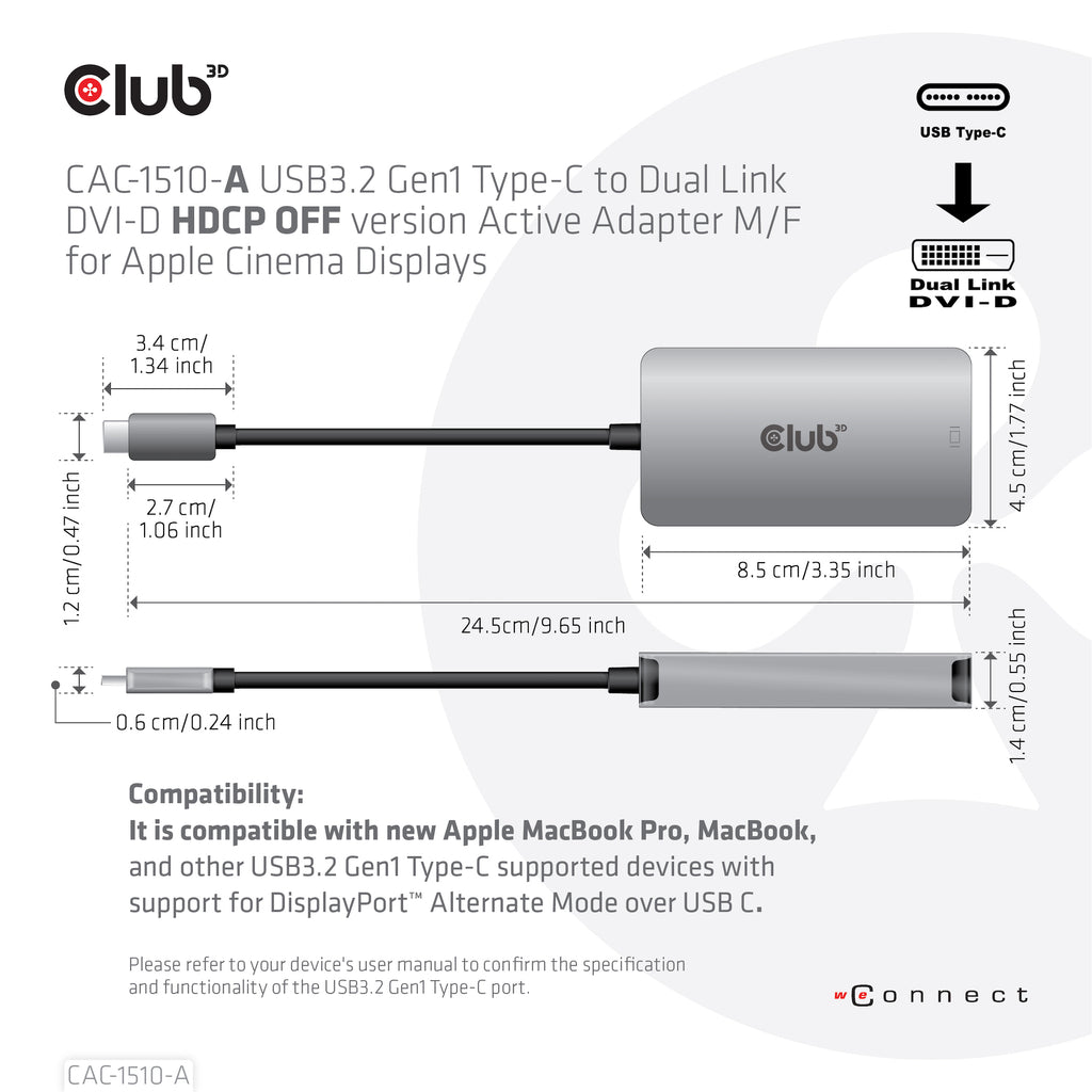 Club 3D CAC-1510-A USB-C til DVI-D aktiv videoadapter Grå
