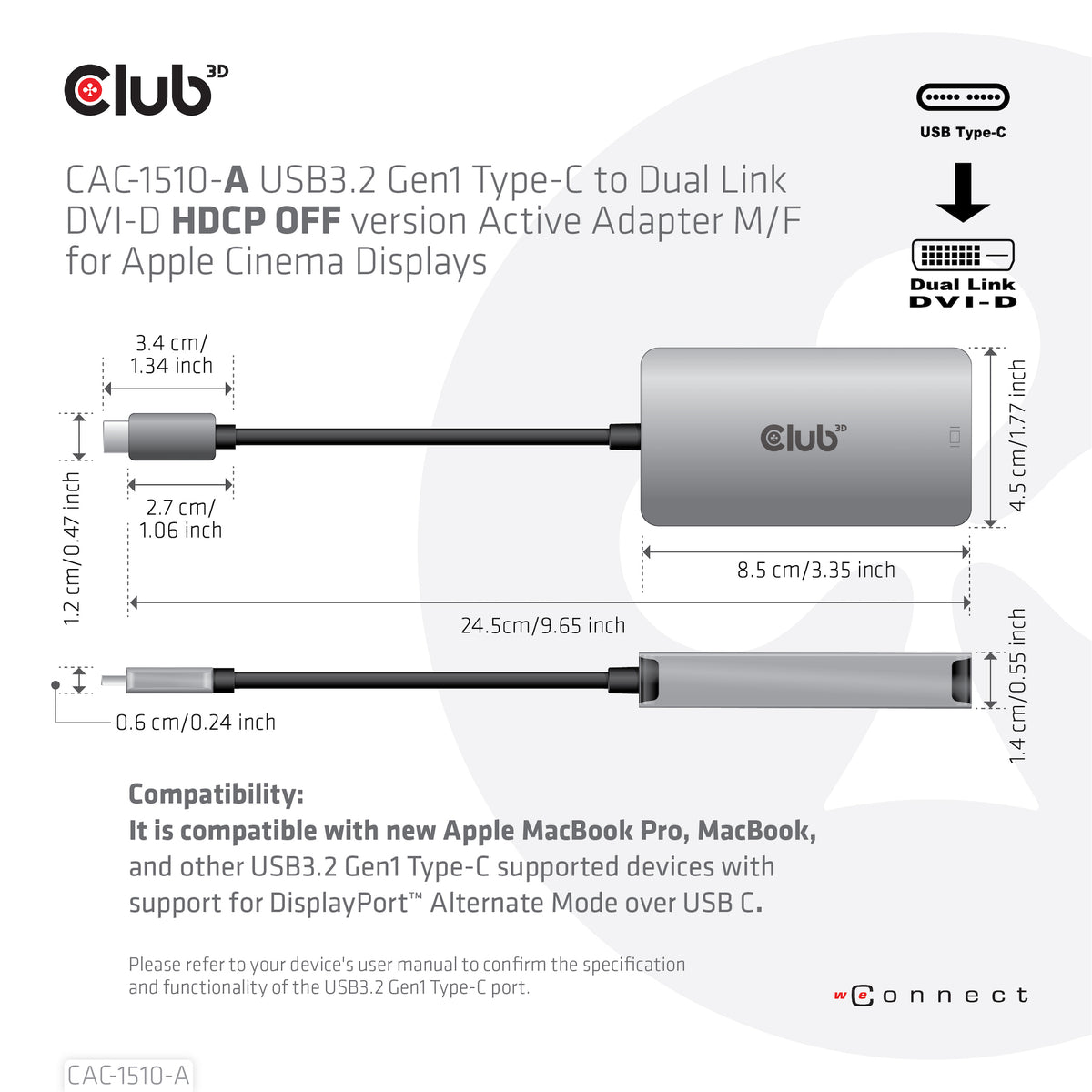 Club 3D CAC-1510-A USB-C til DVI-D aktiv videoadapter Grå