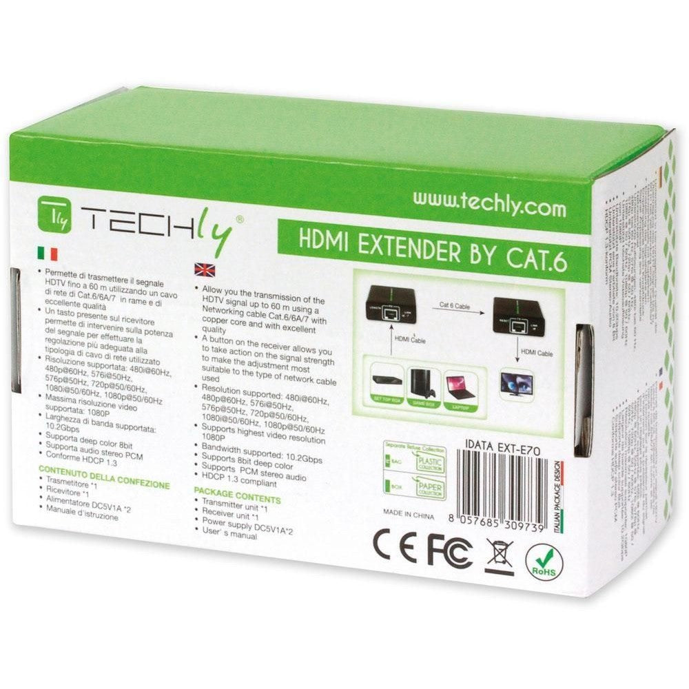 Techly IDATA EXT-E70 extension audio/video Émetteur et récepteur AV Noir