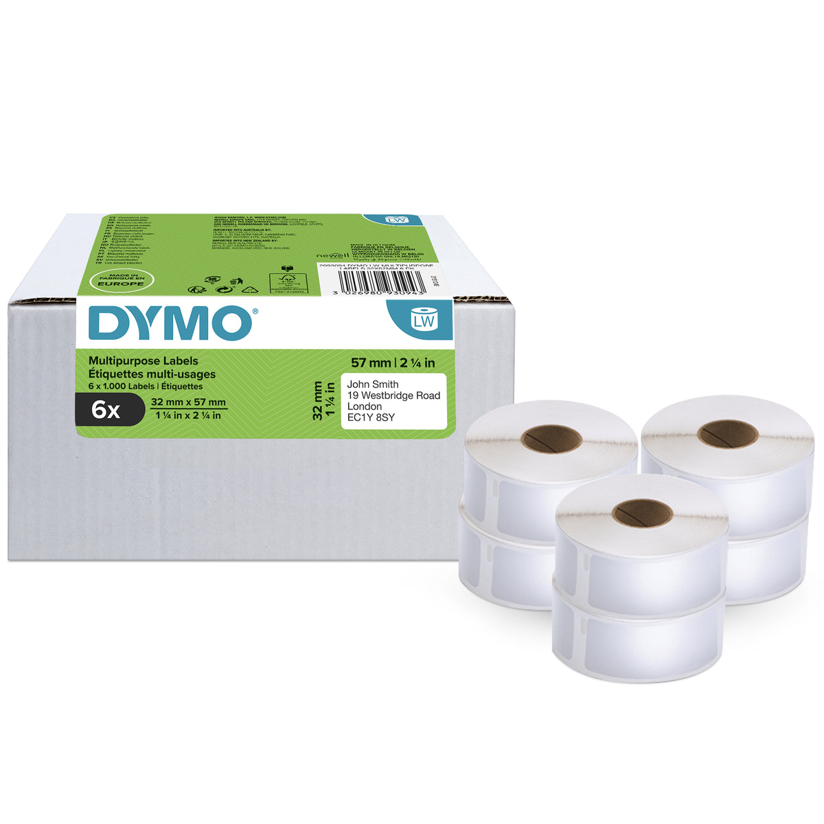 DYMO LW étiquettes autocollantes polyvalentes authentiques | 32 mm x 57 mm | 6 rouleaux de 1 000 étiquettes faciles à dé