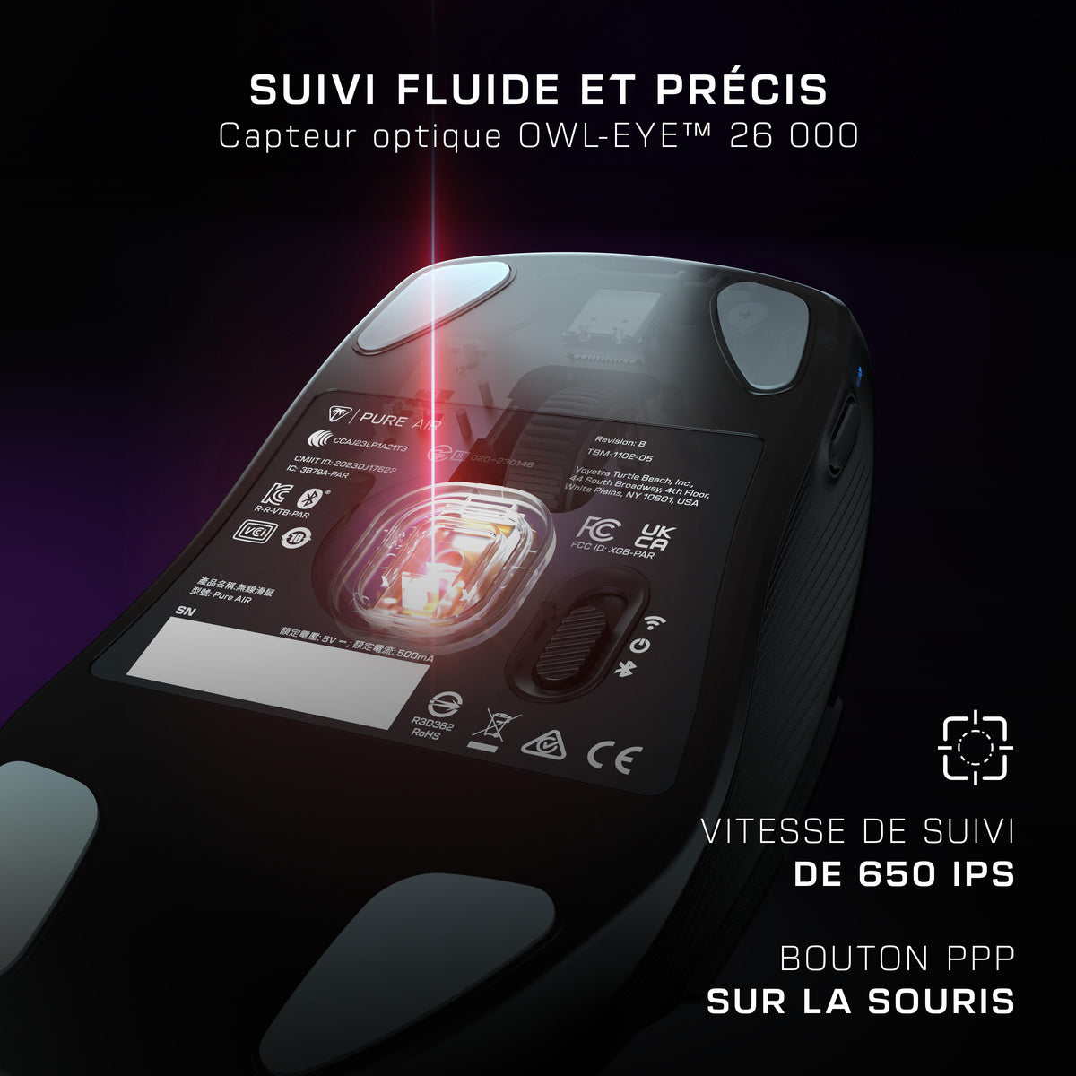 Turtle Beach Pure Air - Souris de gaming RGB ergonomique sans fil ultra-légère, capteur optique 26 000 PPP, batterie 125