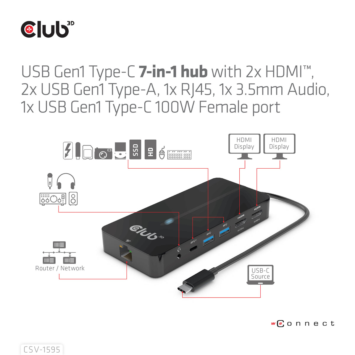 CLUB3D CSV-1595 Station d'accueil USB 3.2 Gen 1 Type-C, 4K UHD 60Hz, Noir