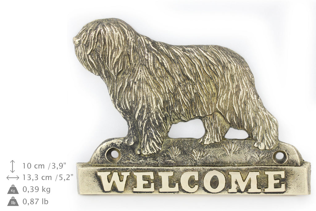 Polish Lowland Sheepdog, PON, Valee Sheepdog - a door sign with a dog, a brass welcome plaque, a unique sign with the inscription Welcome from the Art-Dog brand