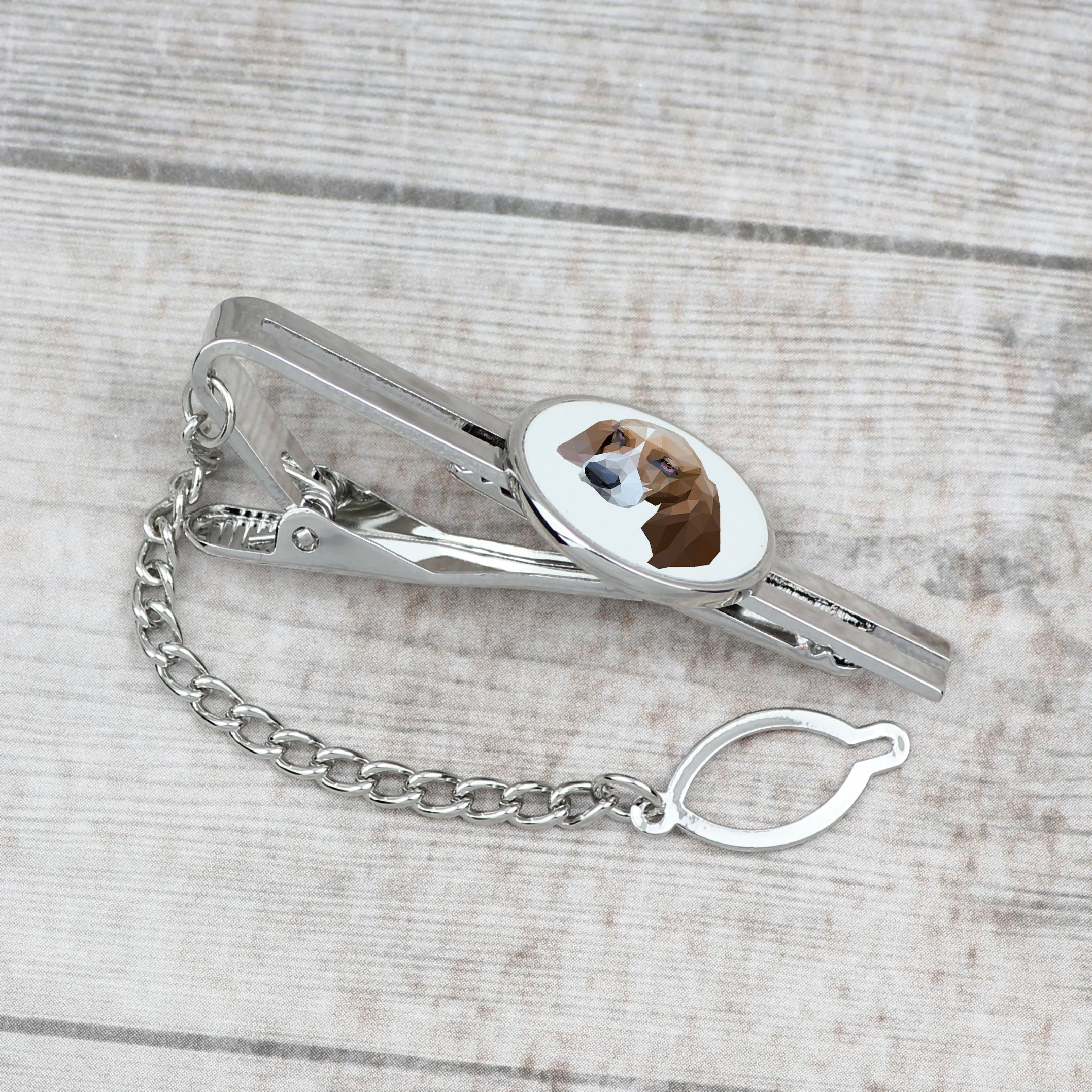 Basset Hound - geometric tie clip with a picture and inscription from Art-Dog