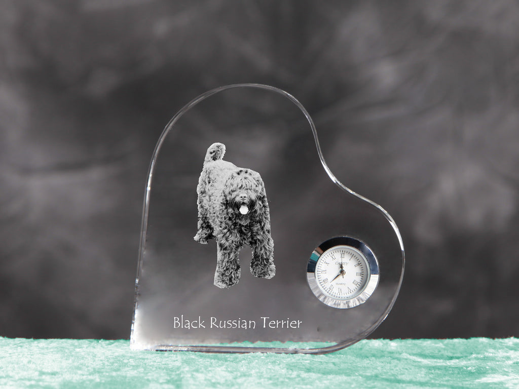 Black Russian Terrier, Chornyi Terrier - crystal clock with a dog picture, heart-shaped shelf clock, personalized standing clock by Art-Dog brand