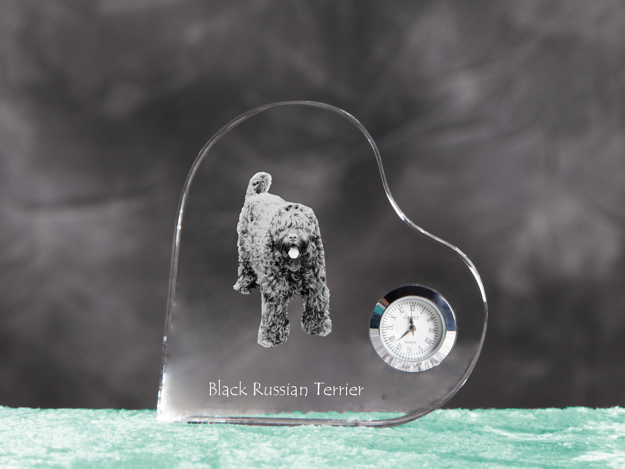 Black Russian Terrier, Chornyi Terrier - crystal clock with a dog picture, heart-shaped shelf clock, personalized standing clock by Art-Dog brand