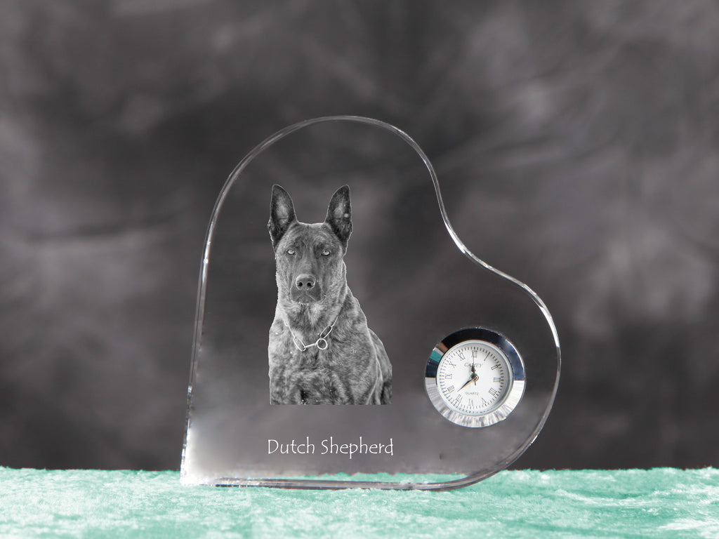 Dutch Shepherd Dog, Dutch Herder - crystal clock with a dog picture, heart-shaped shelf clock, personalized standing clock by Art-Dog brand