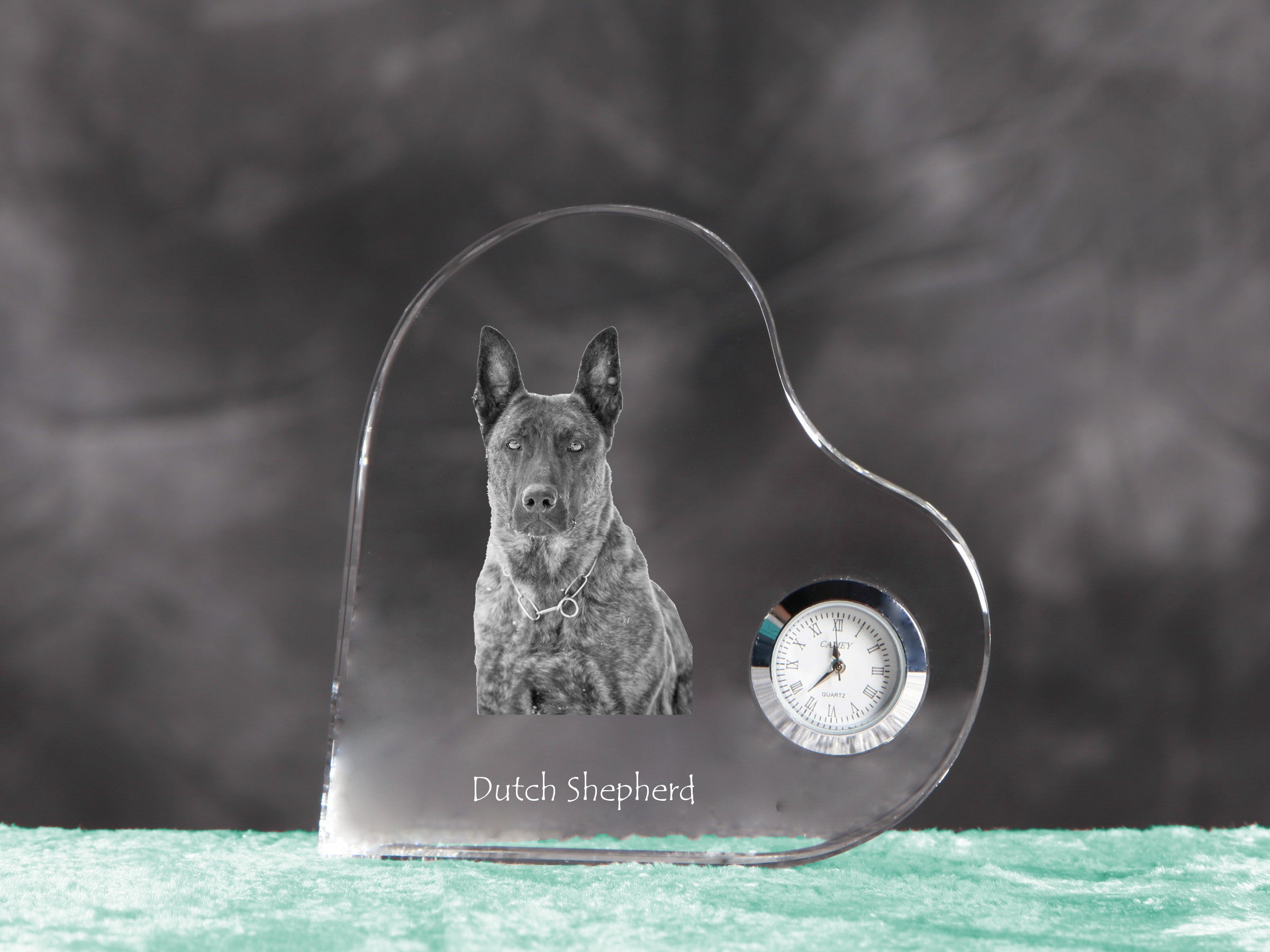 Dutch Shepherd Dog, Dutch Herder - crystal clock with a dog picture, heart-shaped shelf clock, personalized standing clock by Art-Dog brand