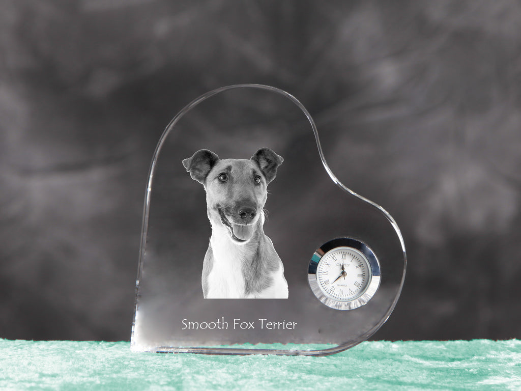 Fox Terrier Smooth - crystal clock with a dog picture, heart-shaped shelf clock, personalized standing clock by Art-Dog brand