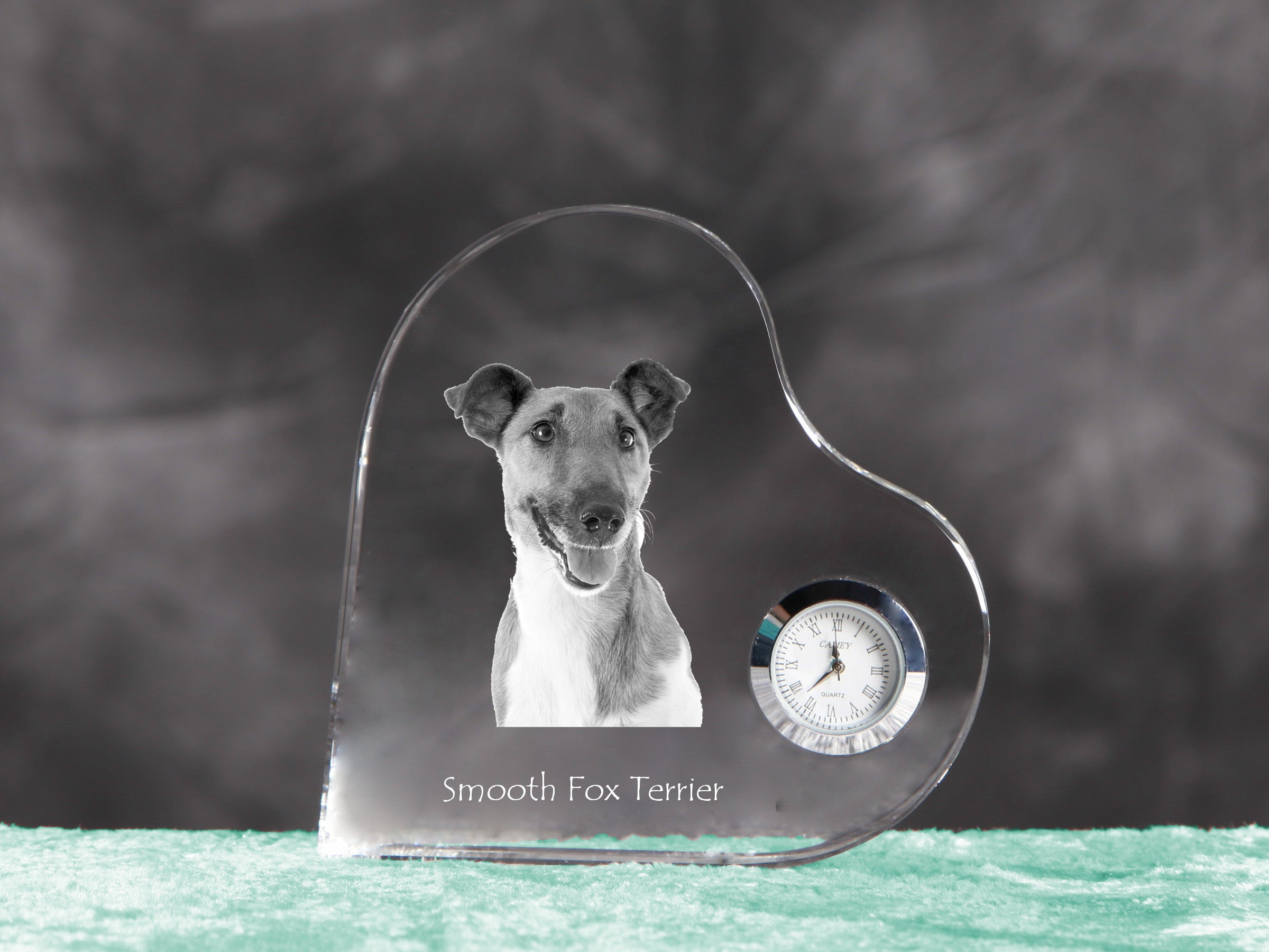 Fox Terrier Smooth - crystal clock with a dog picture, heart-shaped shelf clock, personalized standing clock by Art-Dog brand