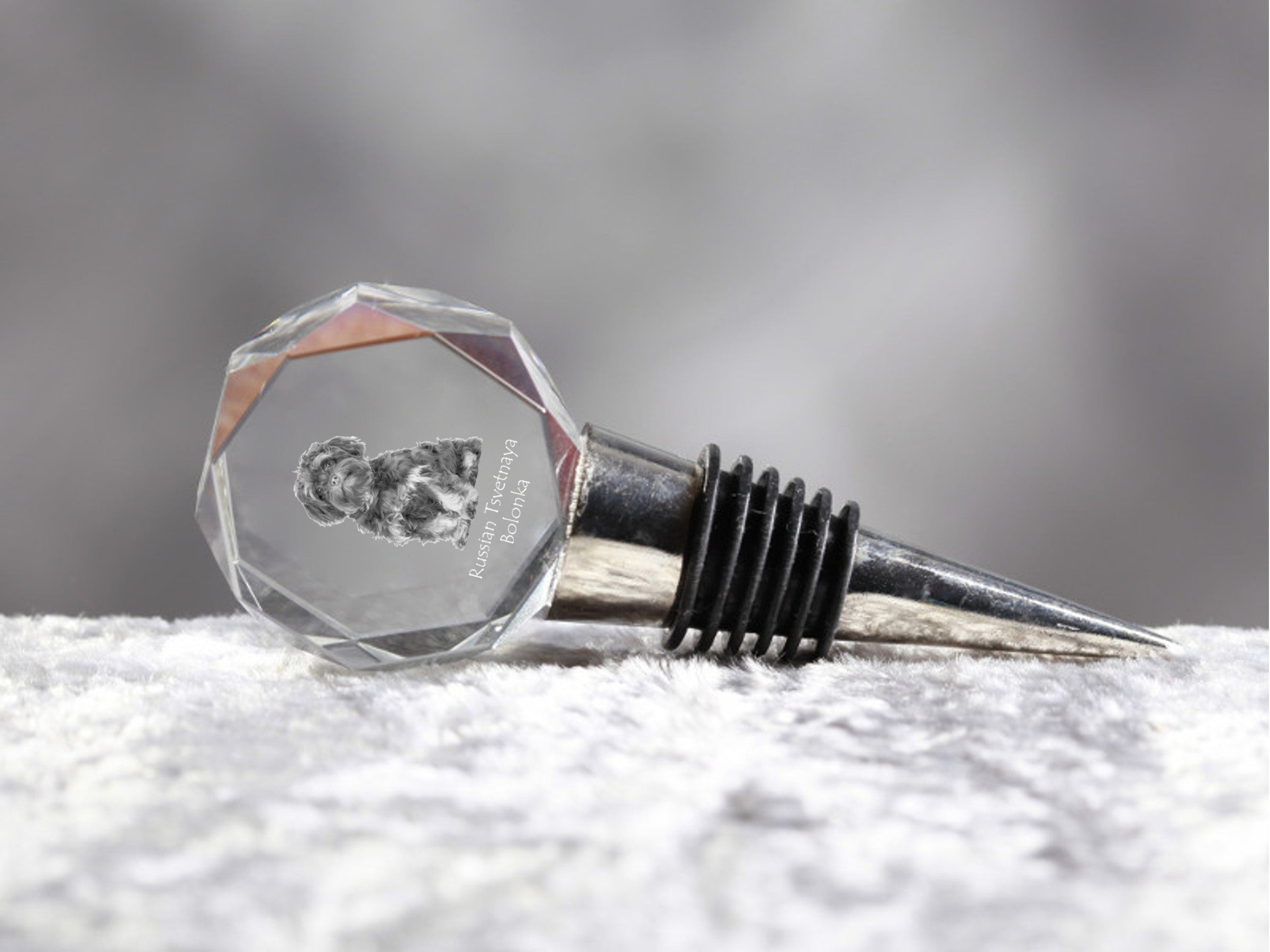 Bolonka, Russian Tsvetnaya Bolonka - Bottle stopper, crystal wine stopper with photo, personalised gift for bartender by Art-Dog brand