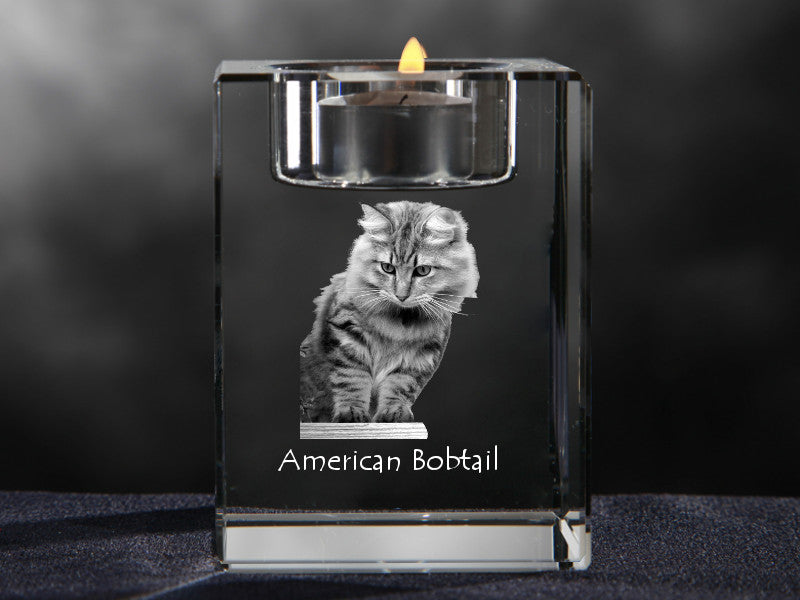 American Bobtail - Candle holder with cat photo, crystal tealight holder, personalised gift by Art-Dog brand