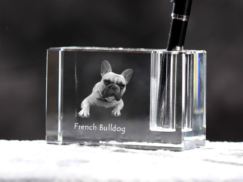 French Bulldog, Frenchie - Pen stand, crystal organiser with dog photo, unique desk decoration by Art-Dog brand