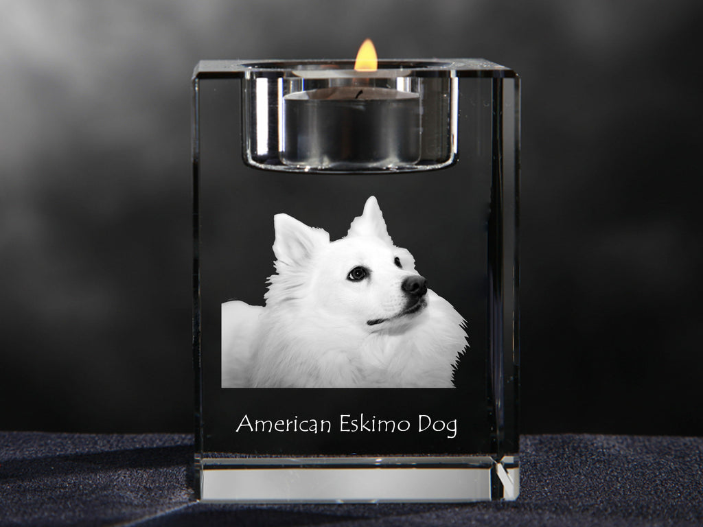 American Eskimo Dog, American Spitz - Candle holder with dog photo, crystal tealight holder, personalised gift by Art-Dog brand