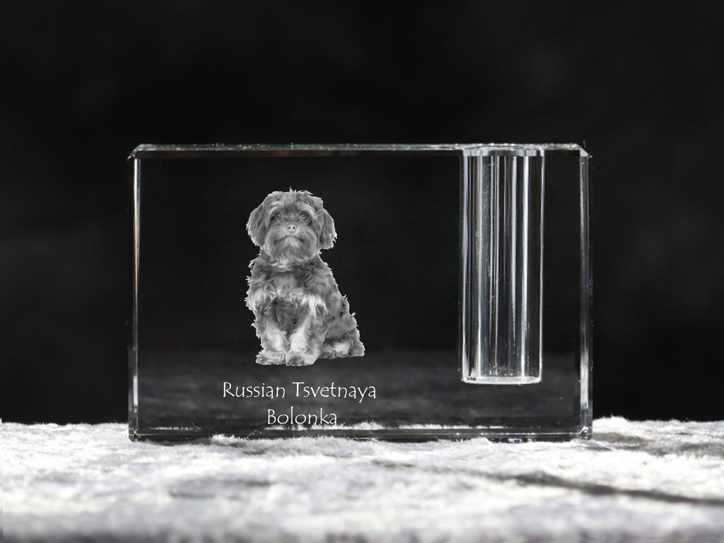 Bolonka, Russian Tsvetnaya Bolonka - Pen stand, crystal organiser with dog photo, unique desk decoration by Art-Dog brand
