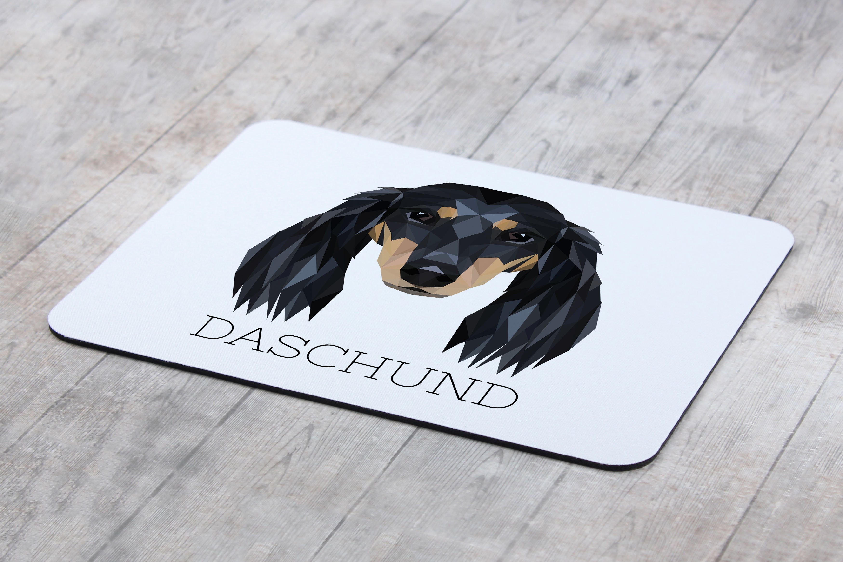 Dachshund Long-haired, Wiener dog, Badger dog - geometric mouse pad with a picture and text by Art-Dog