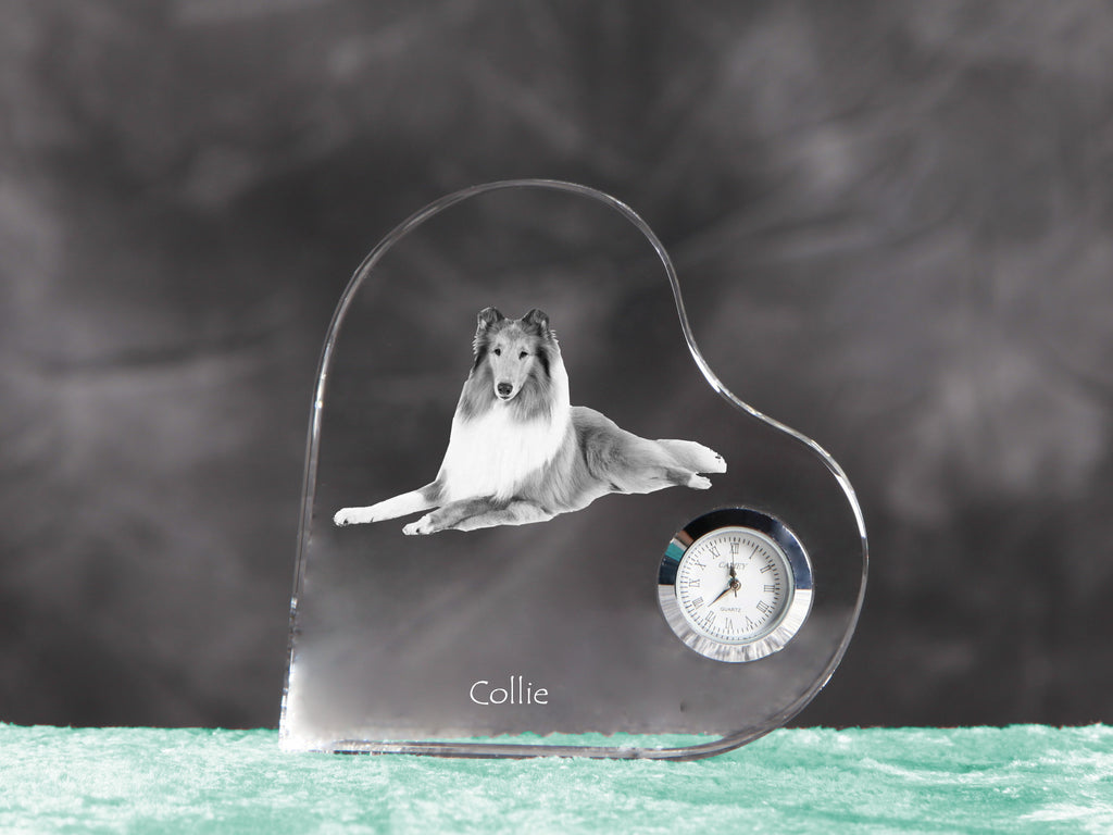 Collie Rough, Long-Haired Collie - crystal clock with a dog picture, heart-shaped shelf clock, personalized standing clock by Art-Dog brand