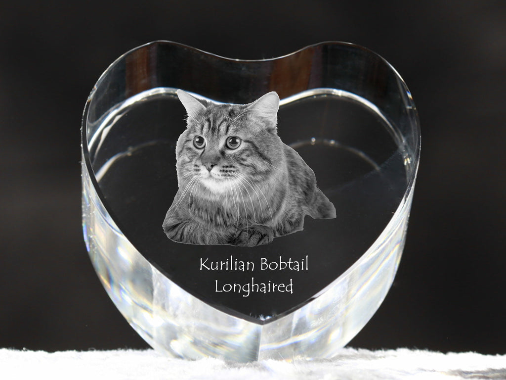 Kurilian bobtail longhaired - crystal clock with a picture of a cat, heart-shaped shelf clock, personalized standing clock by Art-Dog brand