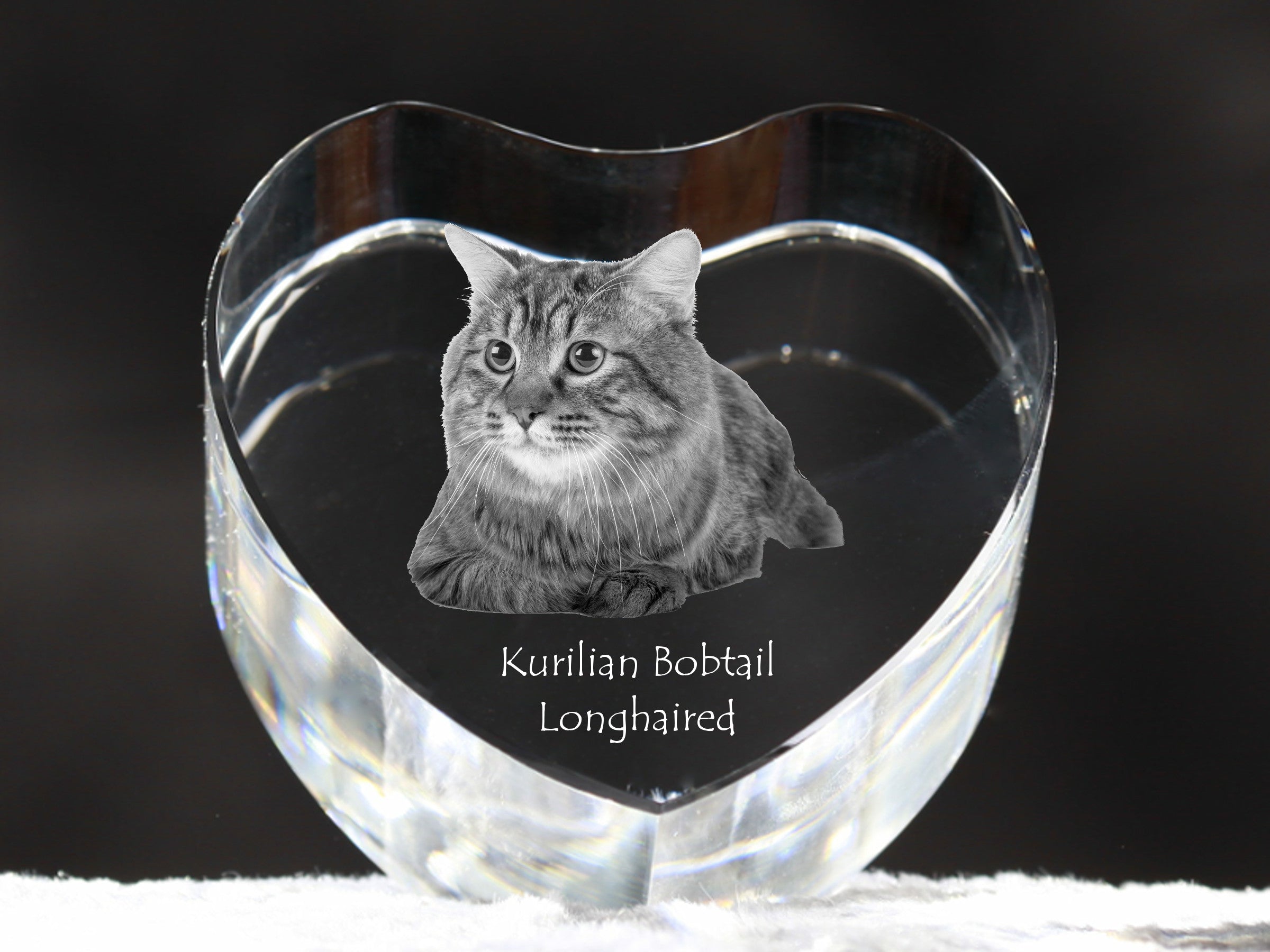 Kurilian bobtail longhaired - crystal clock with a picture of a cat, heart-shaped shelf clock, personalized standing clock by Art-Dog brand