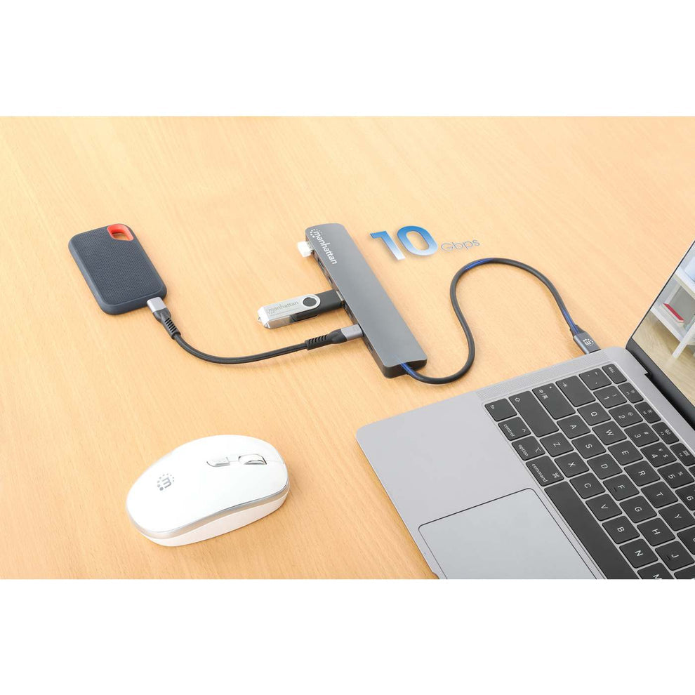 Manhattan Dock/hub USB-C, 7 ports : 3x USB-A + 4x USB-C, Pavec Power Delivery (PD) 100 W - nécessite un chargeur USB-C externe (non inclus). Alimenté par USB (aucune alimentation externe requise) lorsque le PD n’est pas utilisé, aluminium - vue 2