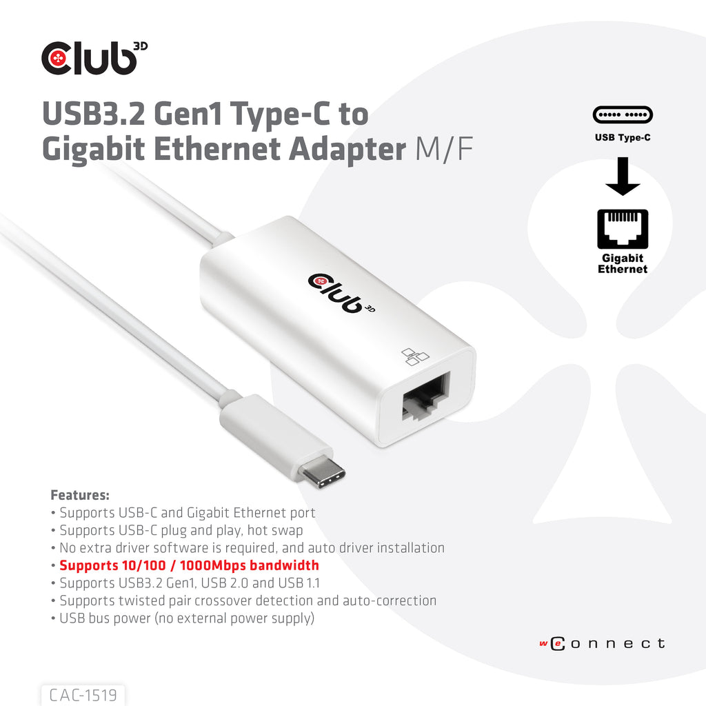 CLUB3D CAC-1519 Adaptateur Câble USB-C vers RJ-45, Blanc