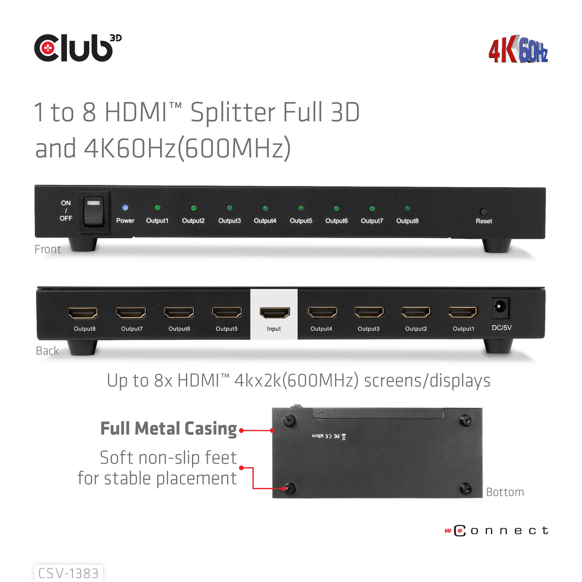 CLUB3D CSV-1383 Répartiteur Vidéo HDMI vers 8x HDMI 4K Ultra HD