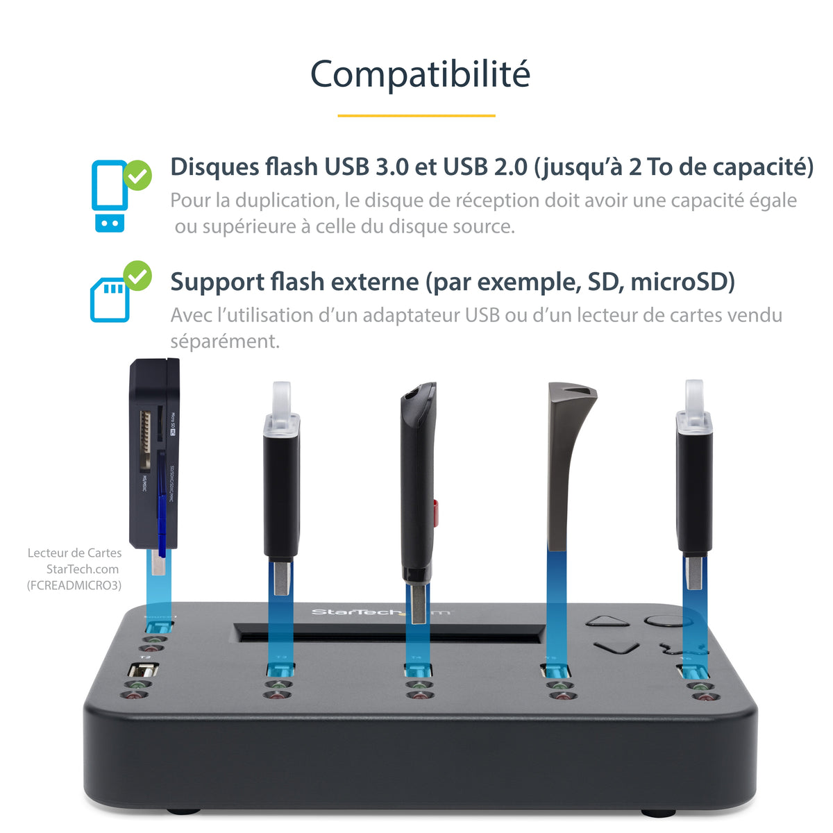 StarTech.com Duplicateur et Effaceur Autonome de 1 à 5 Clés USB USBDUP15, 1,5 Go/min, Affichage LCD
