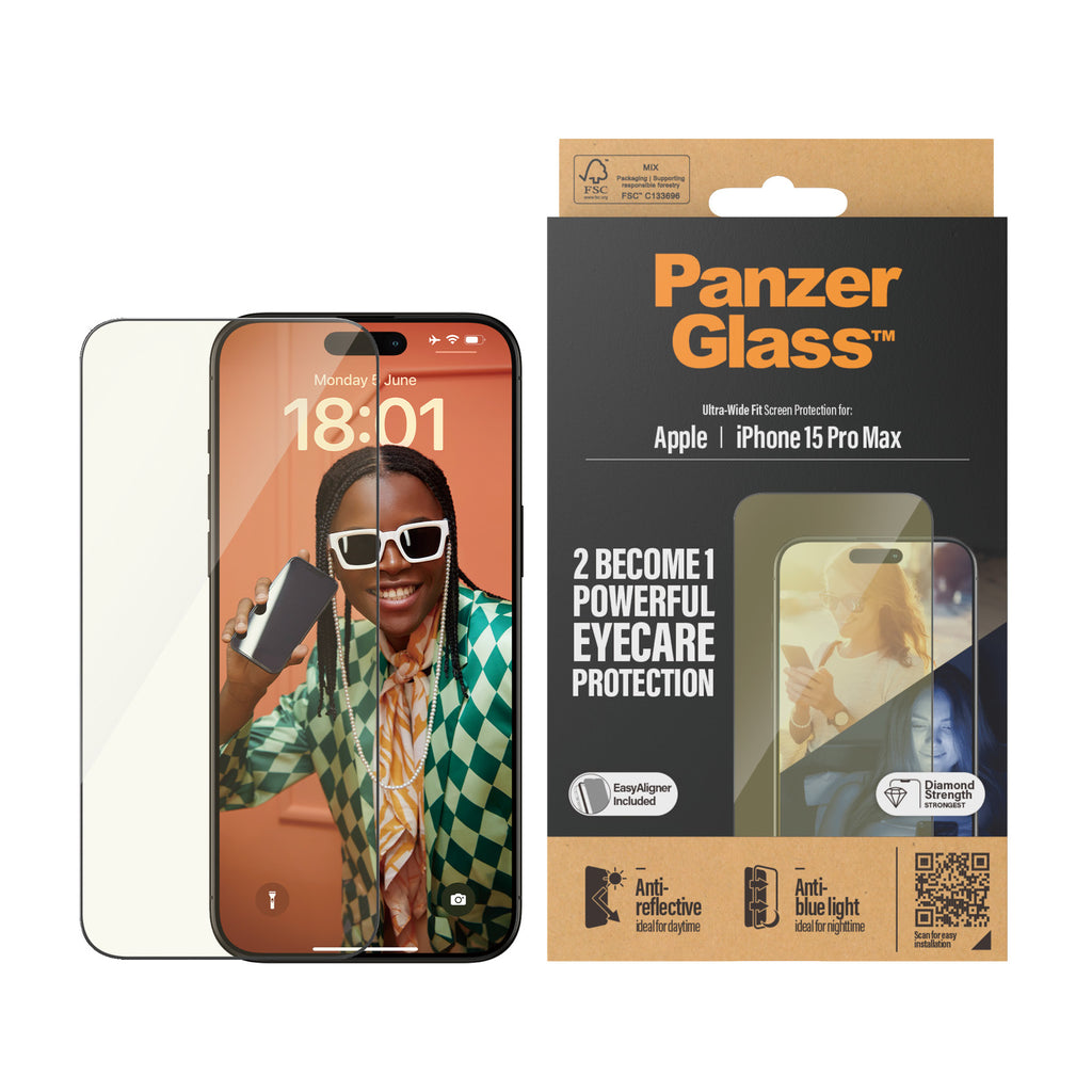 PanzerGlass EyeCARE Protection d'écran pour iPhone 15 Pro Max, Ultra-Wide Fit avec EasyAligner, Transparent