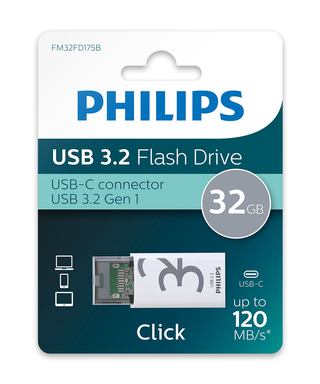 Philips Click lecteur USB flash 32 Go USB Type-C 3.2 Gen 1 (3.1 Gen 1) Transparent, Blanc