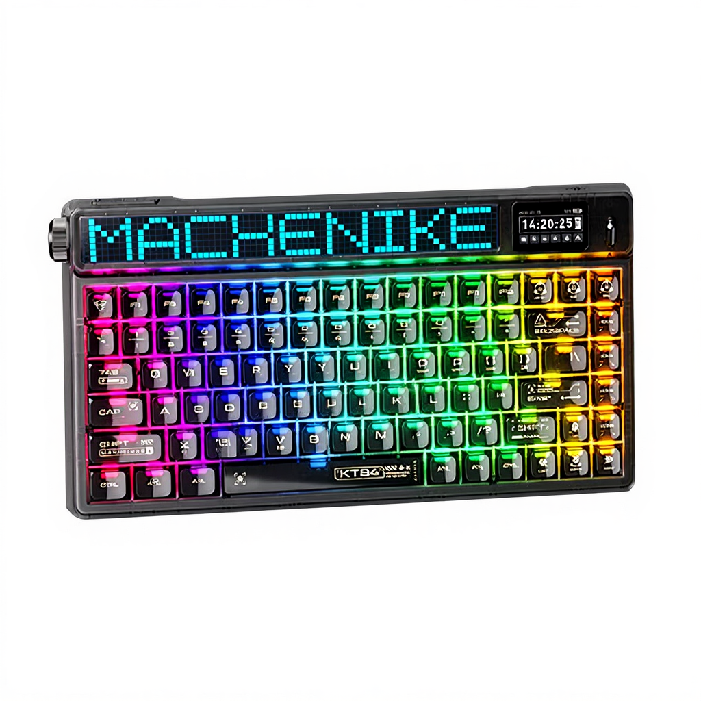 Machenike KT84-B84W clavier mécanique 75 % triple mode, disposition QWERTY US, Noir, interrupteur jaune Gateron Smart Screen