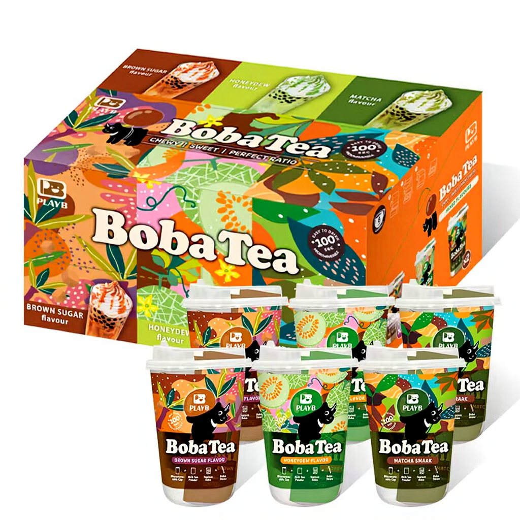 JENI PLAYB Boba Tea en gobelet, saveurs mixtes (matcha, melon miel, sucre roux) - 6 gobelets x 85g - 2 de chaque