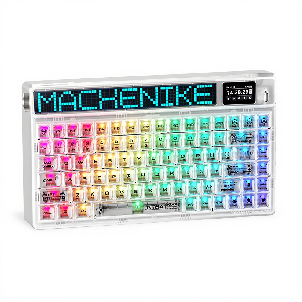 Machenike KT84-B84W clavier mécanique 75 %, triple mode, disposition QWERTY US, matrice LED personnalisable, écran TFT HD, design transparence, montage à joints remplaçable à chaud