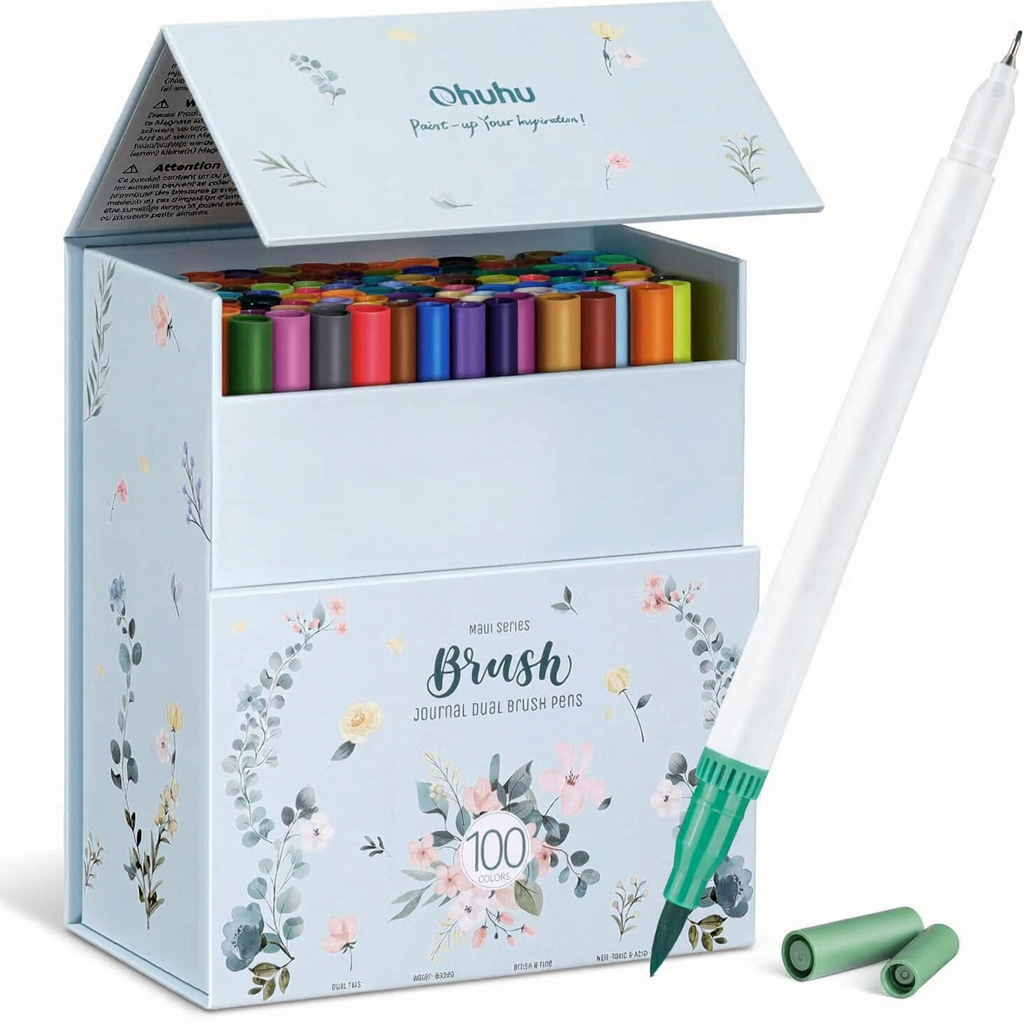 Ohuhu Maui stylos pinceaux double pointe - Ensemble de marqueurs d'art 100 couleurs avec fineliner, étui de rangement blanc
