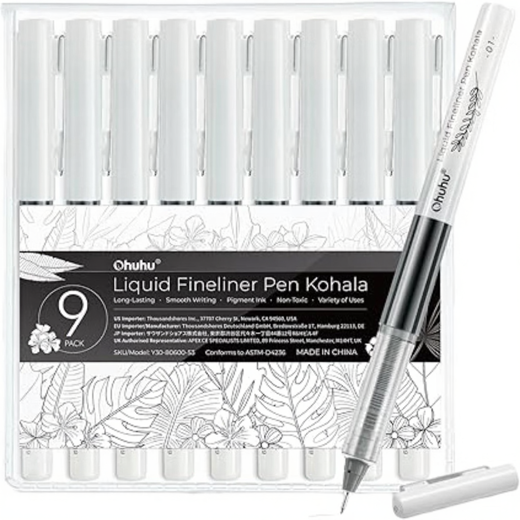 Ohuhu Stylos de dessin à pointe fine, Tailles de pointe assorties, Encre pigmentée noire, Micro-stylos ne traversant pas le papier pour croquis, écriture et journal créatif, 9 stylos