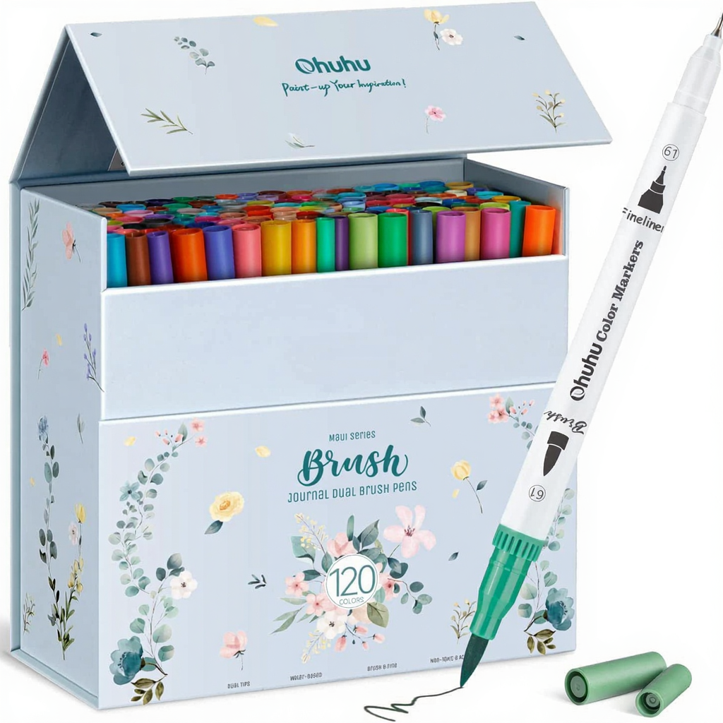 Ohuhu Série Maui - Marqueurs de peinture double embout, 120 marqueurs artistiques pour coloriage, dessin et calligraphie, avec étui de rangement blanc