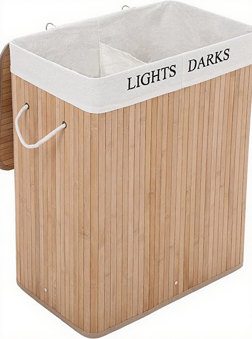 JOYFURNOS100L Panier à Linge Pliable en Bambou avec 2 Compartiments - 52 x 63 x 32 cm