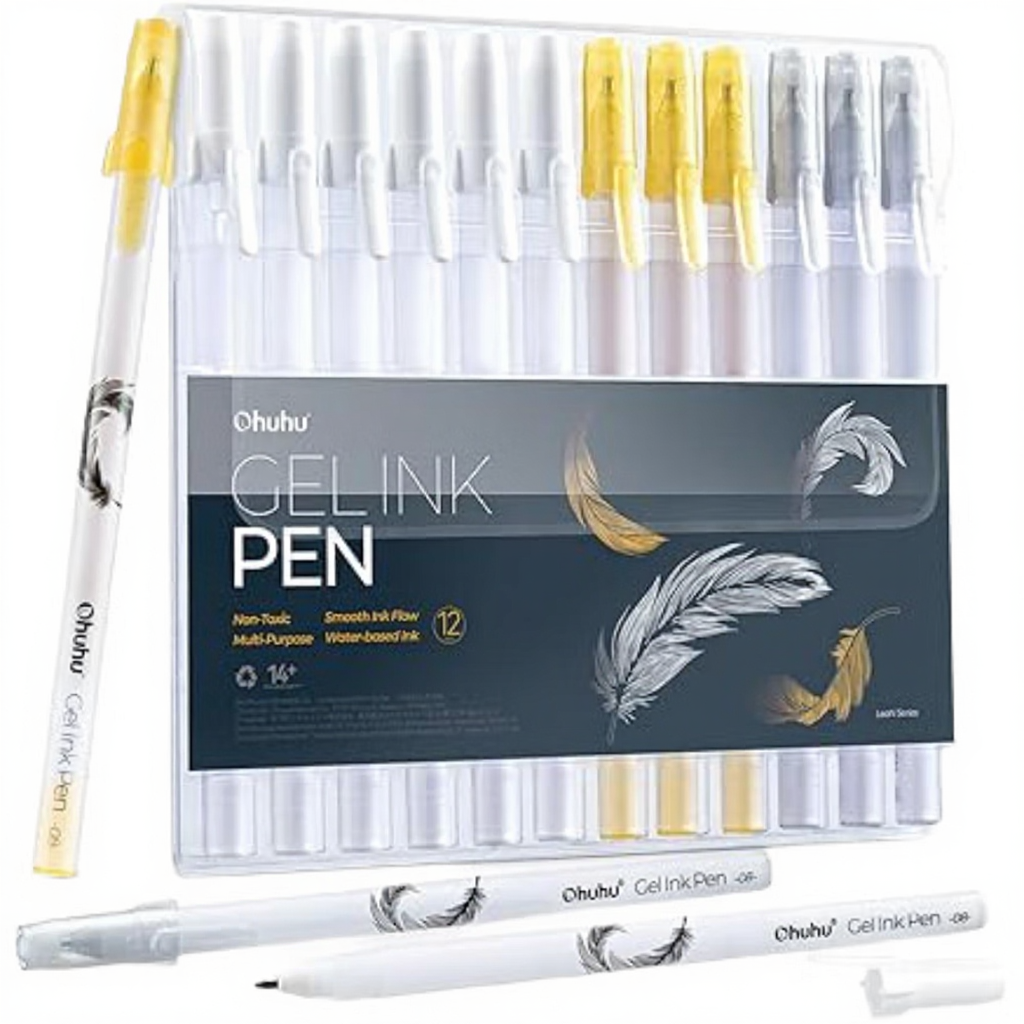 Ohuhu Stylos gel - Or, argent et blanc, stylos à encre gel pour dessin, écriture et création de cartes sur papier noir, Pointe extra-fine, 12 stylos