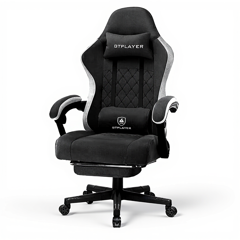 GTPlayer Chaise de jeu ergonomique avec revêtement en tissu, Coussin d’assise à ressorts et repose-pieds, Noir, Tissu noir, 55 x 50 x 130 cm, Vérin à gaz de sécurité hauteur 10 cm pour réglage facile