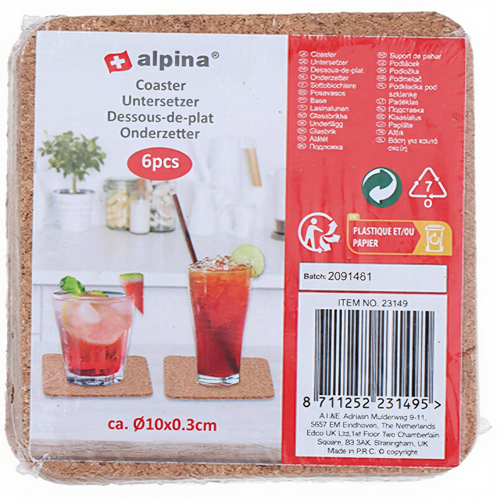 Alpina Dessous-de-plat en liège - 6 pièces - Ø 10 cm - Carrés ou ronds