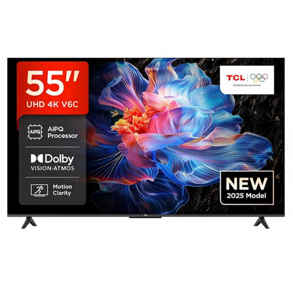 TCL 55V6C Smart TV 55 pouces 4K Ultra HD, compatible HDR10+, dalle HVA rigide, Dolby Vision